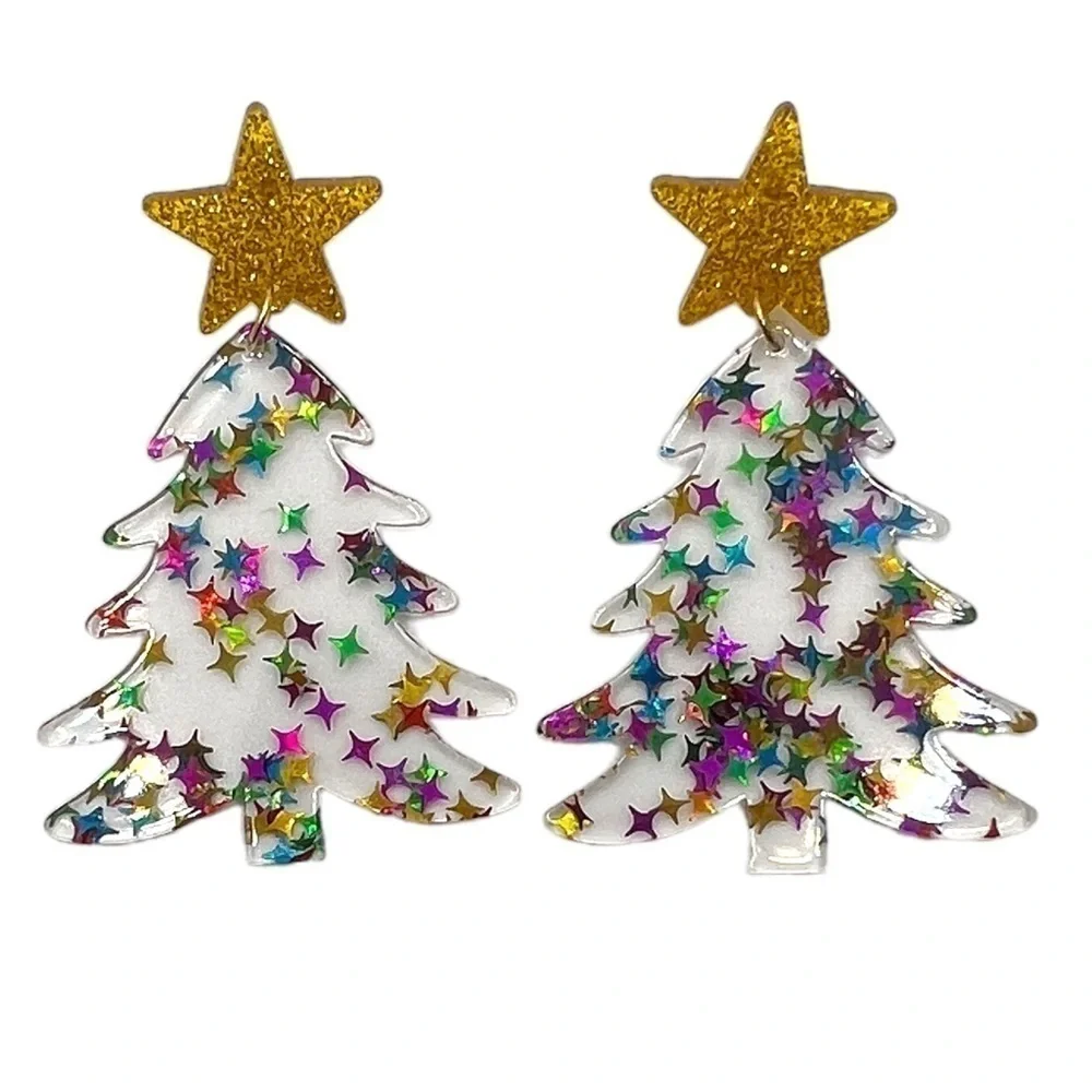 Clear Acrylic Christmas Tree Dangle Earrings Multicolored Stars Festive Jewelry